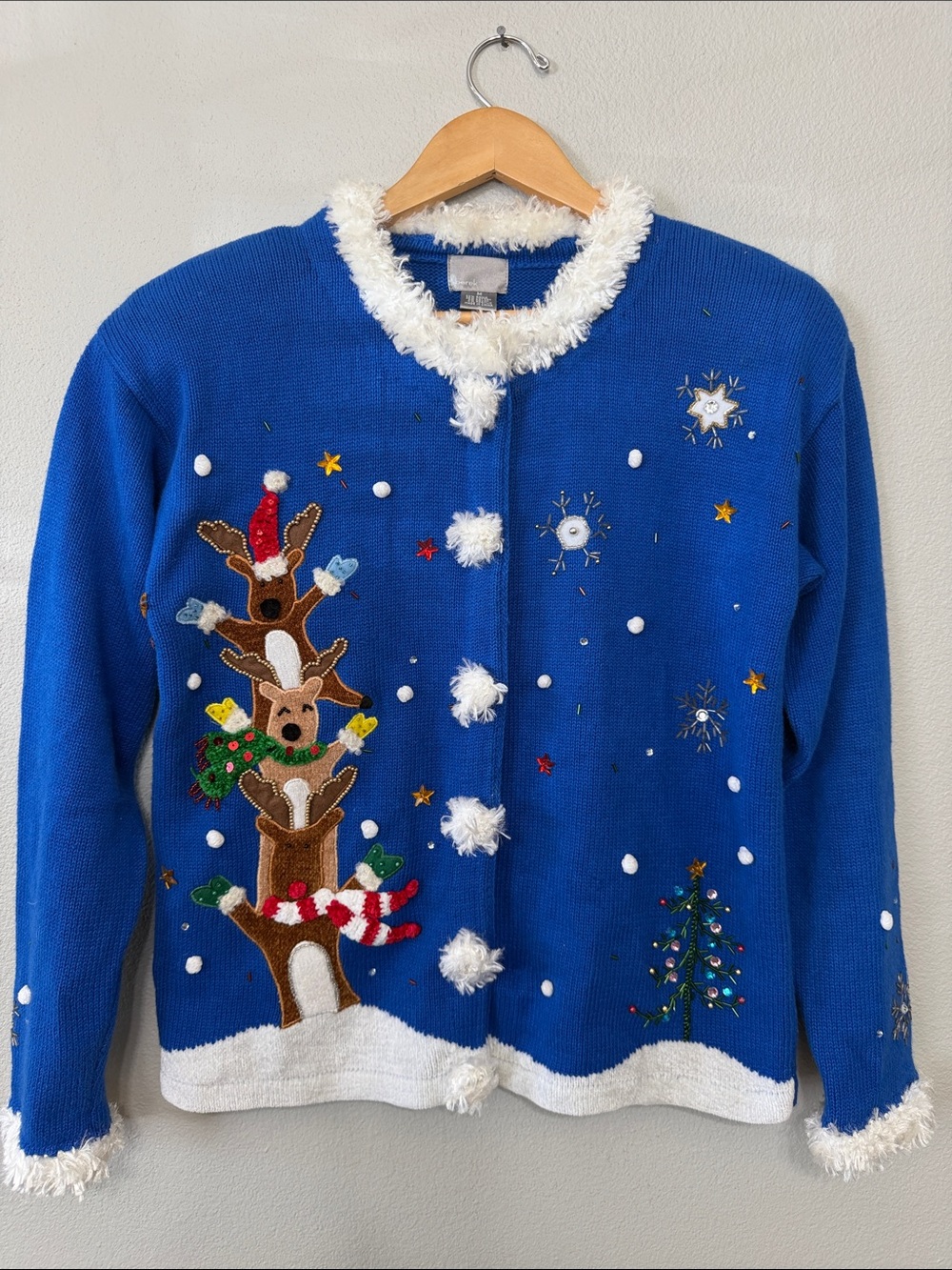 Berek Royal Blue Festive Reindeer & Tree Holiday Ugly Christmas Cardigan‎ Medium